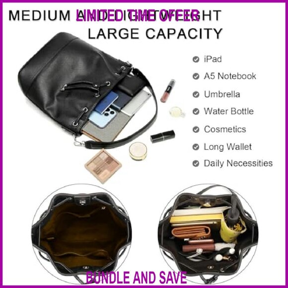 Leather Bucket Bag with Drawstring Closure and 2 Detachable Straps - Picture 3 of 8